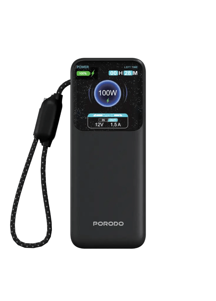 Porodo POLO 10000mAh 100W Power Bank with Built-in USB-C Cable – Black